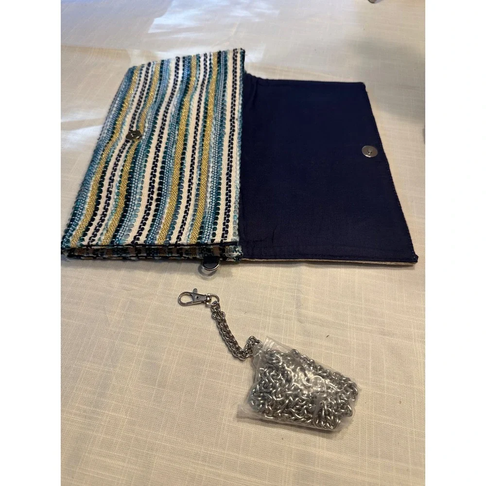 America & Beyond Evil Eye Beaded Clutch Bag Blue Gold Chevron Crossbody NWOT